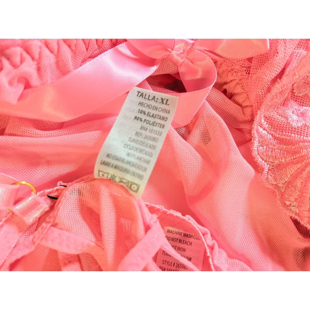 Y2K Pink Floral Embroidered Mesh Babydoll Chemise Nightgown Satin Bow Accent - Picture 4 of 4